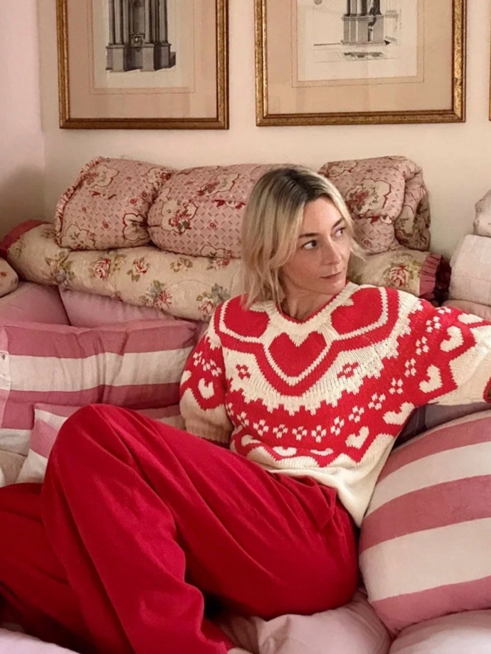 Boden Margot puff sleeve warm Ivory hearts- Fair Isle Heart Sweater